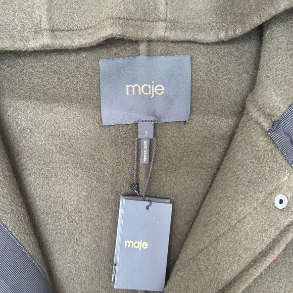Maje wool blended coat with leather details. Military green color. Size 1. - Picture 6 of 16